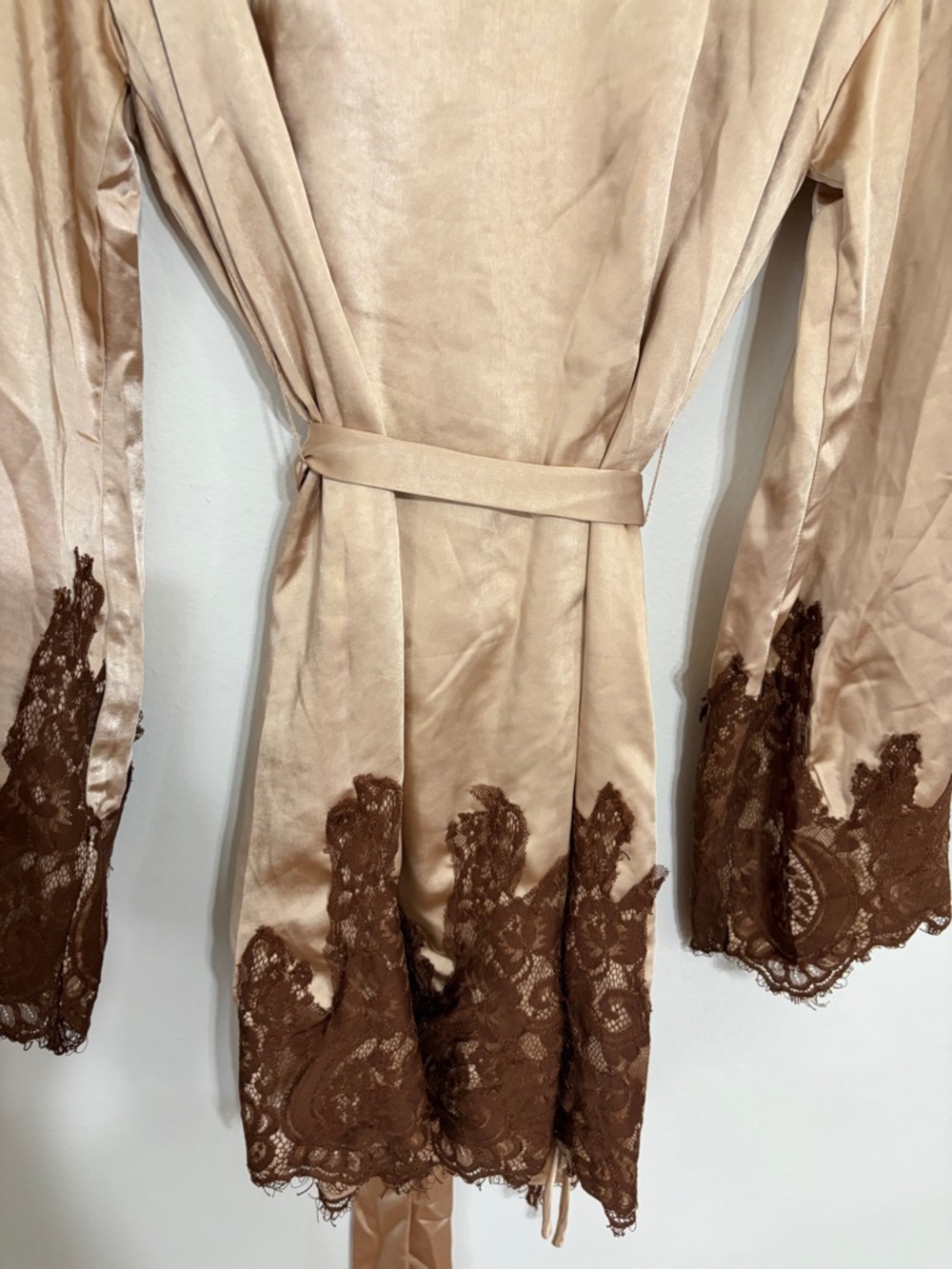 12th Tribe Beige Wrap Robe with Brown Lace Trim - Picture 11 of 16